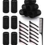 خاجول 25 قطعة مجموعة أنابيب لف الشعر اللاصقة وكبسات الشعر، تشمل 12 أنبوب لف شعر بمشابك قبضة ذاتية و12 كبسة شعر تمساح، أنابيب لف الشعر بكبسات ومشط (أسود)