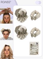 رويس مجموعة مكونة من 4 قطع من مجعد الشعر الخالي من الحرارة من الساتان، بكرات شعر لتجعيد الشعر بدون حرارة مع أغطية للشعر، وحزام رأس ناعم لتجعيد الشعر الطويل، ومجموعة للنوم طوال الليل (بيج)