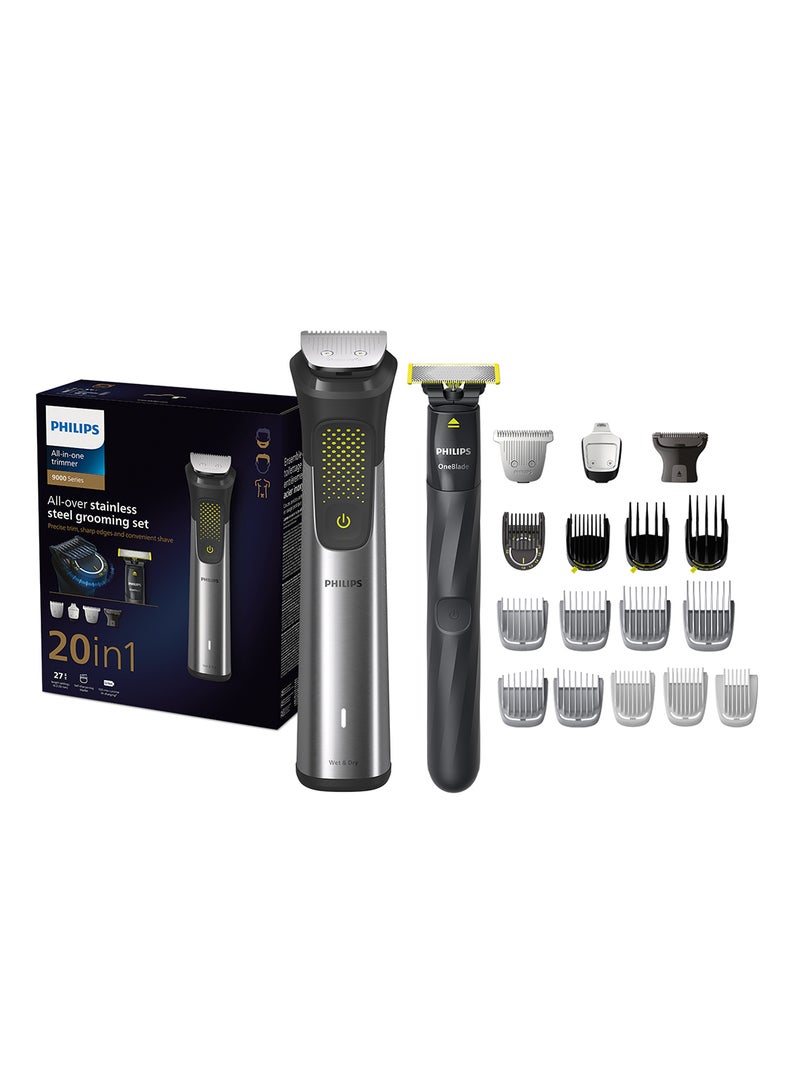 3dde6f57-11c8-4a11-823d-6111a053b25c.jpg فيليبس ماكينة التشذيب متعددة الاستخدامات MG9553/15 من Philips | مجموعة عناية 20 في 1 لتشذيب الوجه والشعر والجسم |شفرة OneBlade لتصفيف دقيق | 120 دقيقة من الاستخدام اللاسلكي، مقاومة للماء | مع حقيبة سفر - الصورة 1