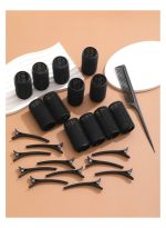 خاجول 25 قطعة مجموعة أنابيب لف الشعر اللاصقة وكبسات الشعر، تشمل 12 أنبوب لف شعر بمشابك قبضة ذاتية و12 كبسة شعر تمساح، أنابيب لف الشعر بكبسات ومشط (أسود) - Image 6