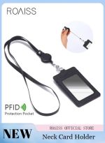 رويس حافظة محفظة جلدية لحمل بطاقات الهوية للجنسين مع حبل / حزام إضافي بكرة شارة قابلة للسحب و 3 فتحات لبطاقات العمل / المدرسة أسود