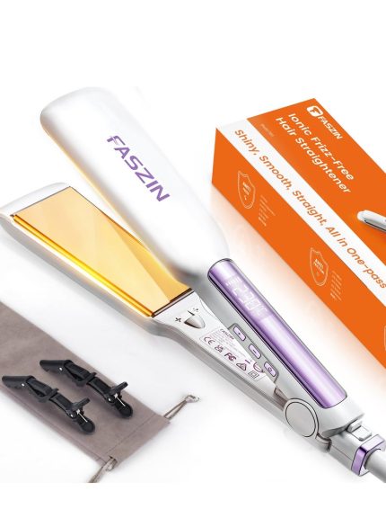 فازين فرد الشعر الاحترافية بلوحة عريضة 42 مم أيون سالب من التيتانيوم تسخين سريع لمدة 30 ثانية، شاشة LED لدرجة الحرارة في الوقت الحقيقي جهد عريض 10 مستويات درجة حرارة قابلة للتعديل