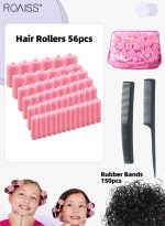 رويس 56 قطعة من لفافات الشعر بالإسفنج الناعمة لتجعيد الشعر أثناء النوم بأحجام متنوعة، أداة تجعيد الشعر المرنة مع مشط ذيل مدبب ومشط مزدوج الأطراف لتصفيف الشعر بنفسك