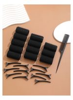 خاجول 25 قطعة مجموعة أنابيب لف الشعر اللاصقة وكبسات الشعر، تشمل 12 أنبوب لف شعر بمشابك قبضة ذاتية و12 كبسة شعر تمساح، أنابيب لف الشعر بكبسات ومشط (أسود) - Image 5