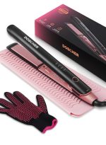 دوشر مملس فرد وتجعيد الشعر 2 في 1 مملس الشعر من السيراميك - 4 إعدادات للحرارة وتصل درجة حرارتها إلى 230 درجة مئوية مع وسادة سيليكون مقاومة للحرارة وقفازات