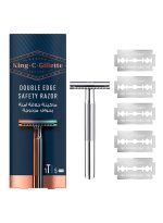 ماكينة حلاقة آمنة بحافة مزدوجة من King C مصممة للحواف مع مشط مغلق ولمسة نهائية مطلية بالكروم مع 5 شفرات مطلية بالبلاتين