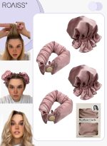 رويس مجموعة مكونة من 4 قطع من مجعد الشعر الخالي من الحرارة من الساتان، بكرات شعر لتجعيد الشعر بدون حرارة مع أغطية للشعر، وحزام رأس ناعم لتجعيد الشعر الطويل، ومجموعة للنوم طوال الليل (وردي)
