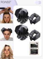 رويس مجموعة مكونة من 4 قطع من مجعد الشعر الخالي من الحرارة من الساتان، بكرات شعر لتجعيد الشعر بدون حرارة مع أغطية للشعر، وحزام رأس ناعم لتجعيد الشعر الطويل، ومجموعة للنوم طوال الليل (أسود)