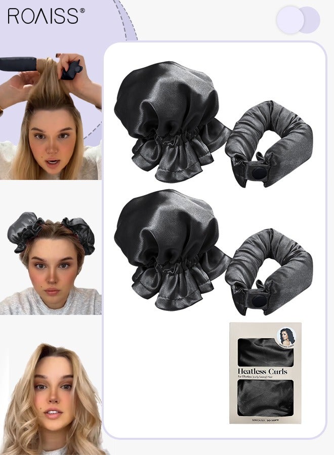 b6f00e32-c810-46ca-8072-b8a6d2681300.jpg رويس مجموعة مكونة من 4 قطع من مجعد الشعر الخالي من الحرارة من الساتان، بكرات شعر لتجعيد الشعر بدون حرارة مع أغطية للشعر، وحزام رأس ناعم لتجعيد الشعر الطويل، ومجموعة للنوم طوال الليل (أسود) - الصورة 1
